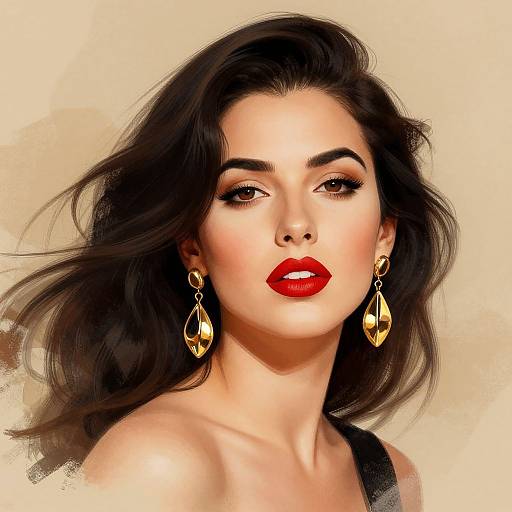 Digital portrait of a beautiful woman with long dark hair, red lipstick, and gold teardrop earrings, set against a beige background.