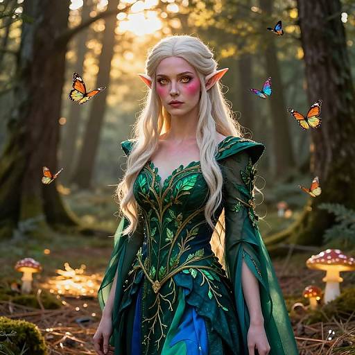 Digital fantasy artwork of a white-haired, elf-like woman with green dress, surrounded by butterflies, in a forest with glowing mushrooms.