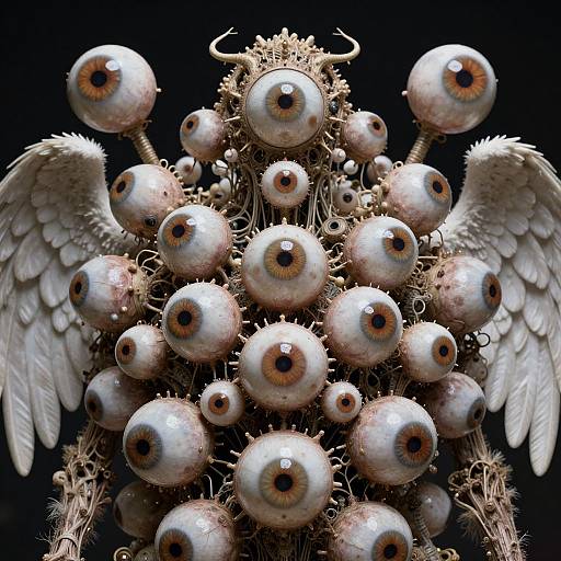 Digital art of a surreal, horned creature with numerous white, eyeball-like orbs, surrounded by spiky tendrils and white feathered wings,