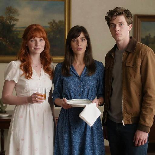 Three People Indoors with Drinks and Plate