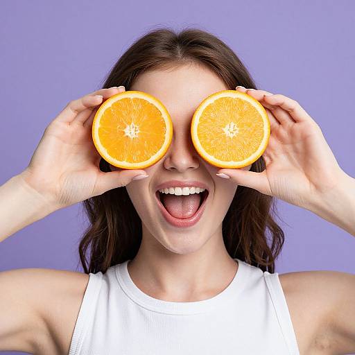 Photograph of a smiling woman with brown hair, wearing a white tank top, using two orange slices as makeshift 3D glasses against a purple background