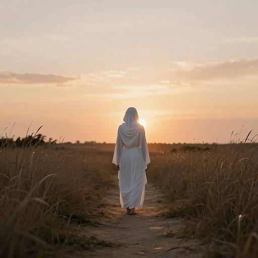 Photograph of a person in a white, hooded dress walking away from the camera on a dirt path during a sunset, surrounded by tall grass.