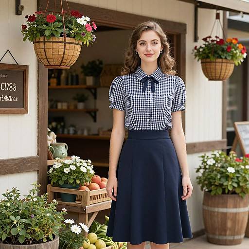 Photograph of a young woman with wavy brown hair, wearing a black-and-white checkered shirt and navy skirt, standing in front of a flower