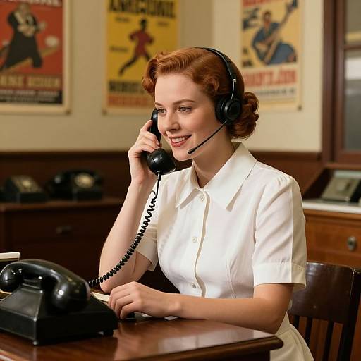 Vintage photograph of a smiling red-haired woman in a white blouse, using a black rotary phone with a headset, in an office with retro posters on the