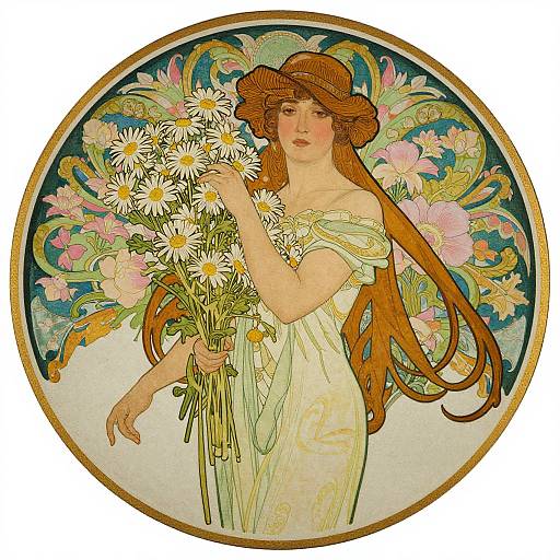 Art Nouveau Woman with Daisy Bouquet