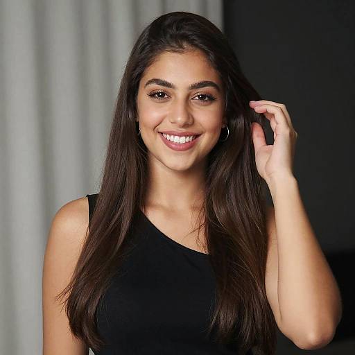Photograph of a smiling woman with long, straight dark brown hair, wearing a black sleeveless top, and hoop earrings, against a blurred background.