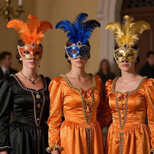 Three Women in Venetian Masks and Costumes