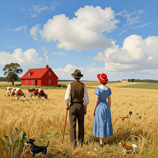 Digital painting: Couple in vintage attire, man in brown vest and hat, woman in blue dress and red hat, watch cows in field with red barn