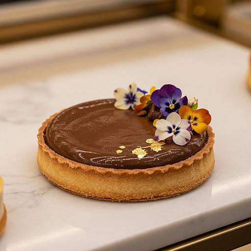 Photograph of a round chocolate tart with smooth dark chocolate glaze, golden edible dots, and colorful flower decorations on a marble surface.