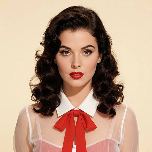 Vintage-style photograph of a fair-skinned woman with dark, wavy hair, red lipstick, and a sheer white blouse with a red bow, set