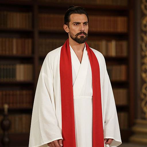 Photograph of a serious bearded man with dark hair, wearing a white robe and red scarf, standing in front of a wooden bookshelf.