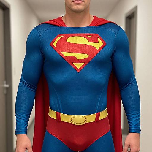 Photograph of a muscular man in a Superman costume, featuring a blue bodysuit, red cape, yellow belt, and prominent 