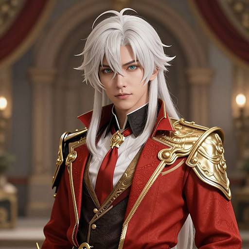 Digital art of a white-haired, blue-eyed man in a red and gold ornate military-style jacket, standing in a grand, dimly-lit
