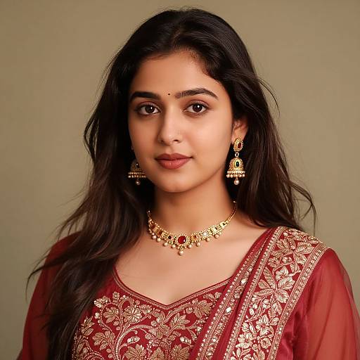 Photograph of a young South Asian woman with long black hair, wearing a red embroidered traditional outfit, gold jewelry, and a green background.