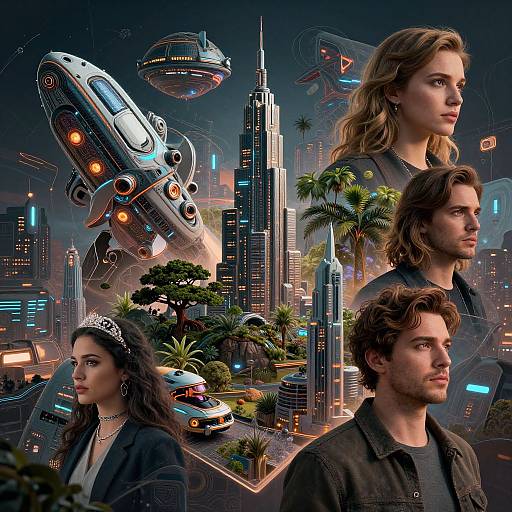 Photorealistic CGI collage of four young adults in futuristic cityscape with flying cars, skyscrapers, and holographic technology, featuring a blonde woman