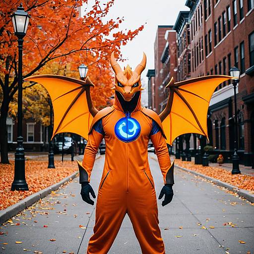 Adult in Detailed Charizard Costume on Urban Autumn Street