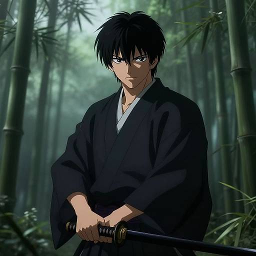 Anime-style digital drawing of a serious, blue-eyed young man with black hair, wearing a black kimono, holding a katana in a dense,