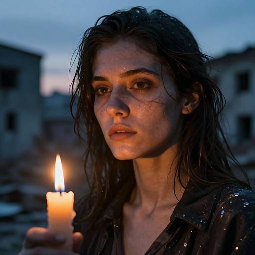Photograph of a wet, solemn young woman with long, dark hair, holding a lit candle, illuminated against a twilight cityscape.