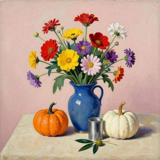 Vibrant floral arrangement in blue vase with red, yellow, white, and purple flowers, orange and white pumpkins, silver cup, pink background