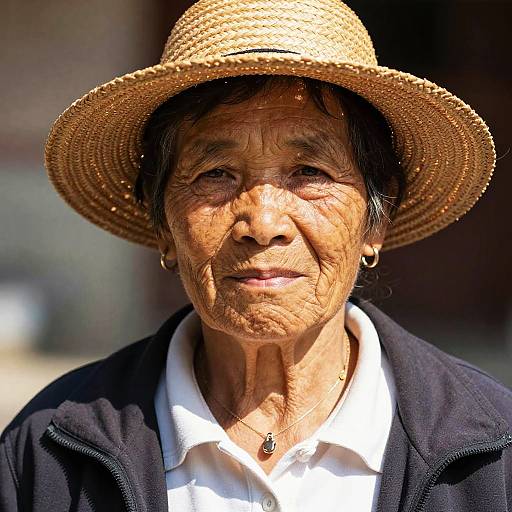 Photograph of an elderly Asian woman with deep wrinkles, wearing a straw hat, white shirt, black jacket, and small earrings, bathed in sunlight