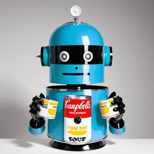 Retro Blue Robot Holding Soup Cans