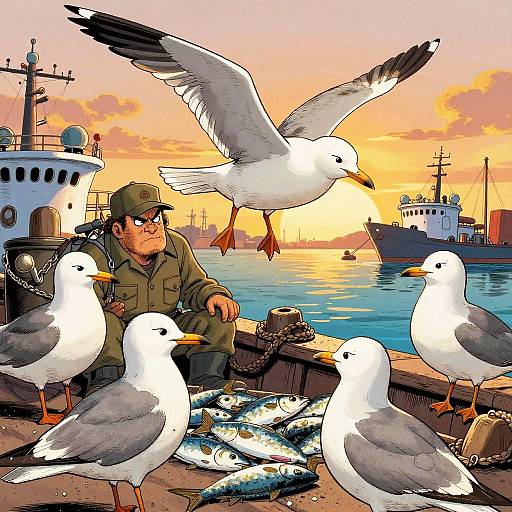 Cartoon-style drawing of a man in a green uniform and cap, surrounded by seagulls, with fishing nets and two ships at sunset.
