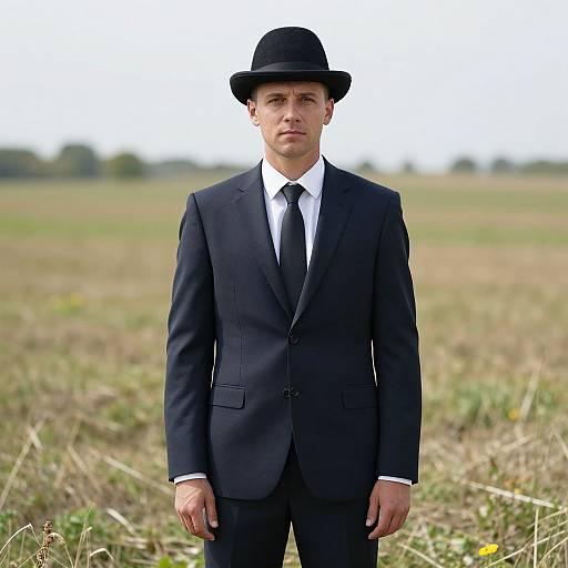 Photograph of a serious, fair-skinned man in a black suit, white shirt, black tie, and black bowler hat, standing in a