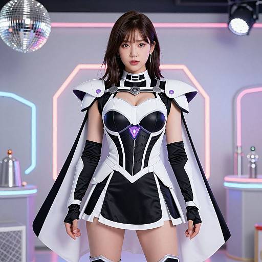 Asian woman in futuristic, black and white, revealing cosplay outfit with armor-like shoulders, purple gem, and thigh-high stockings, standing in neon-lit