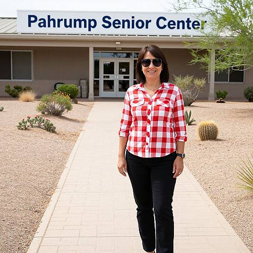 Photograph of a smiling woman with medium skin, dark hair, wearing sunglasses, red checkered shirt, black pants, standing in front of the 