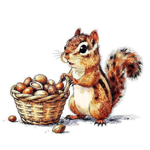 Whimsical Chipmunk with Basket of Nuts