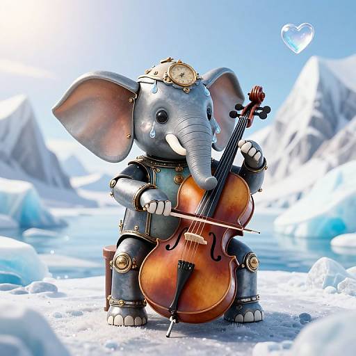 CGI image of a steampunk-style, silver elephant playing a violin on icy terrain, with a floating heart above its head.