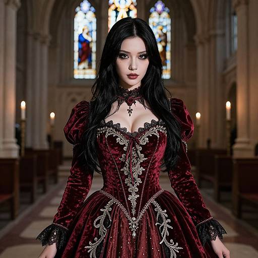 Digital art of a pale, dark-haired woman in a Victorian-style, deep red velvet dress with intricate lace and silver embroidery, standing in a dimly