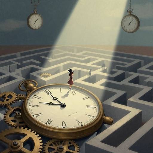 Digital artwork: Tiny girl in red dress stands on large clock face with gears, above maze illuminated by sunbeam, surrounded by three hanging clocks.