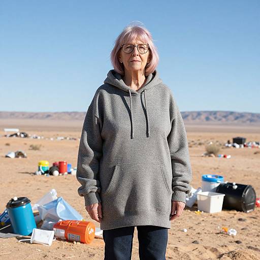 Photograph of an elderly woman with pink hair, glasses, gray hoodie, and black pants, standing in a desert littered with trash under a clear