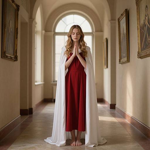 Photograph of a young woman with long, wavy blonde hair, wearing a red dress and white draped cloak, standing barefoot in a sunlit