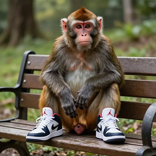 Photograph of a brown monkey with a serious expression, sitting on a wooden bench in a forest, wearing black and white Nike sneakers with visible testicles