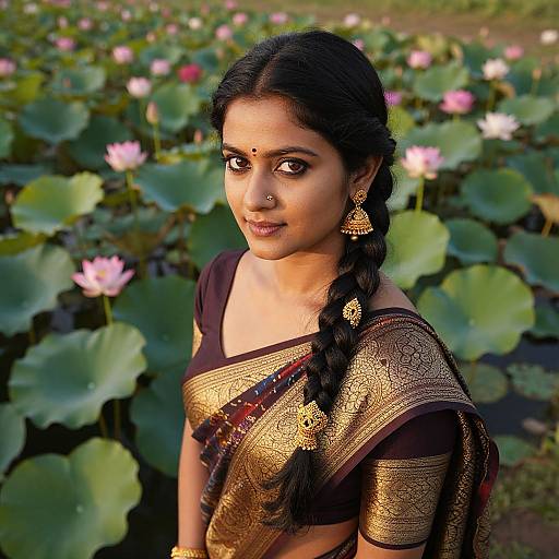 Indian woman with dark hair in braid, gold and black traditional saree, gold earrings, nose ring, standing in blooming lotus pond.