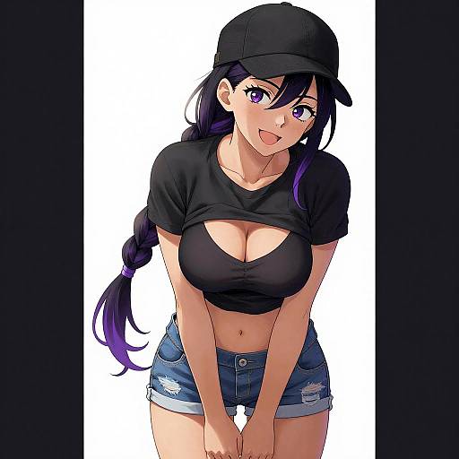 Playful Anime Woman with Purple Braid