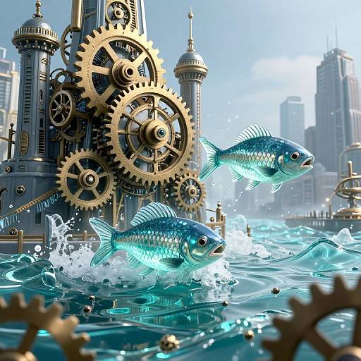 Digital artwork of glowing blue fish leaping from water near steampunk gears and towers, with a cityscape in the background.