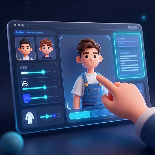 CGI image of a digital interface showing a cartoon boy in overalls, highlighted by a finger tap, with user profiles and settings on a glowing tablet