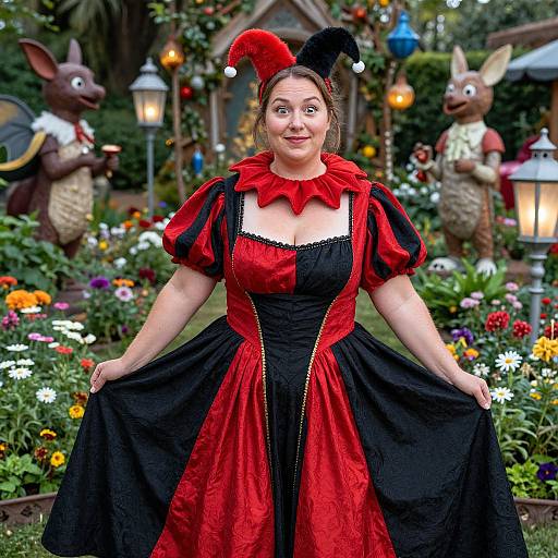 Photograph of a smiling woman in a red and black Renaissance-style dress, jester hat, and ruffled collar, standing in a vibrant garden with