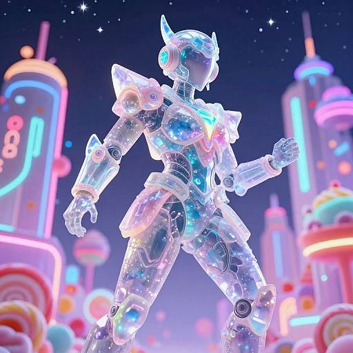 Glowing, futuristic, transparent robot with neon accents stands confidently in a vibrant, neon-lit, sci-fi cityscape filled with colorful, cylindrical