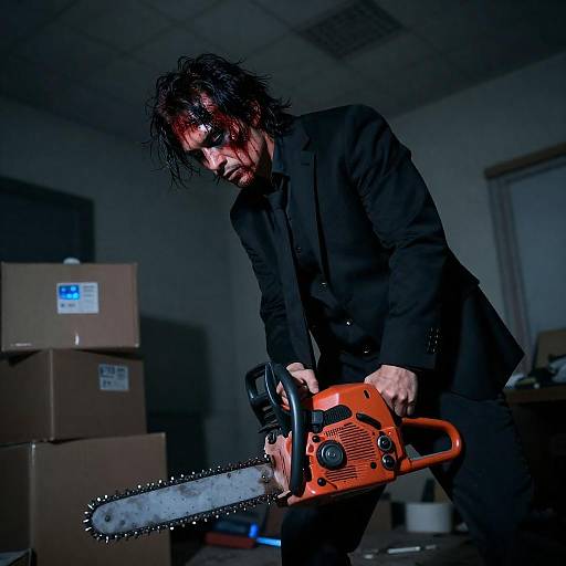 Intense Man in Darkened Room with Chainsaw