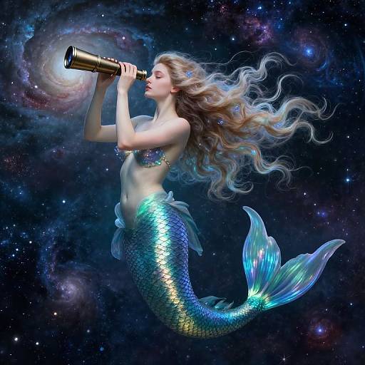 Digital artwork of a mermaid with long blonde hair, shimmering blue-green scales, and a translucent fin, gazing through a brass telescope in a