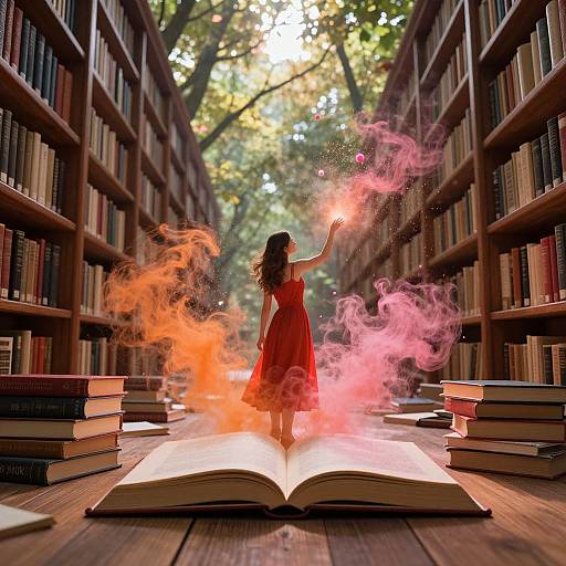 Photograph-style digital artwork of a woman in a red dress, standing in a library between towering bookshelves, casting magic with glowing orange and pink
