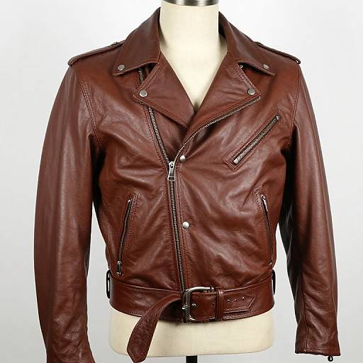 Photograph of a brown leather biker jacket with zippers, buttons, and a belt, displayed on a beige mannequin torso.