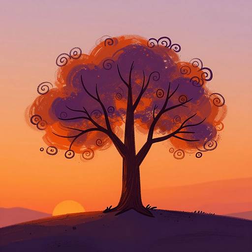 Stylized Cartoon Tree at Sunset