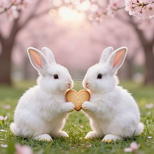 Two white rabbits with fluffy fur sit on grass, sharing a heart-shaped cookie under blooming cherry blossoms with sunlight filtering through.