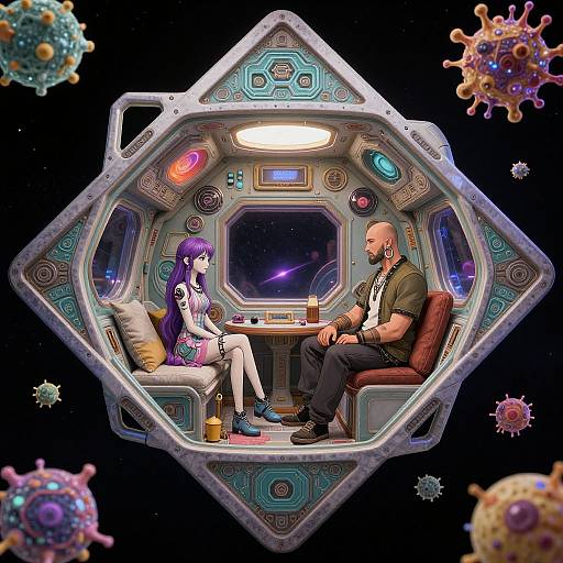 Digital illustration of a futuristic spaceship cockpit with a purple-haired anime girl and a bald, bearded man, surrounded by colorful alien organisms in space.