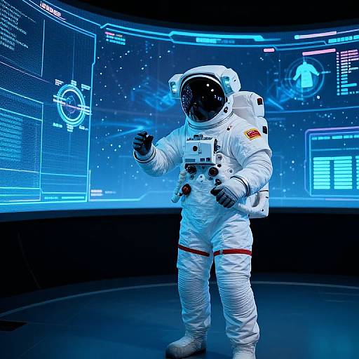 Photograph of a NASA astronaut in a white spacesuit with American flag, standing in a futuristic, blue-lit control room.